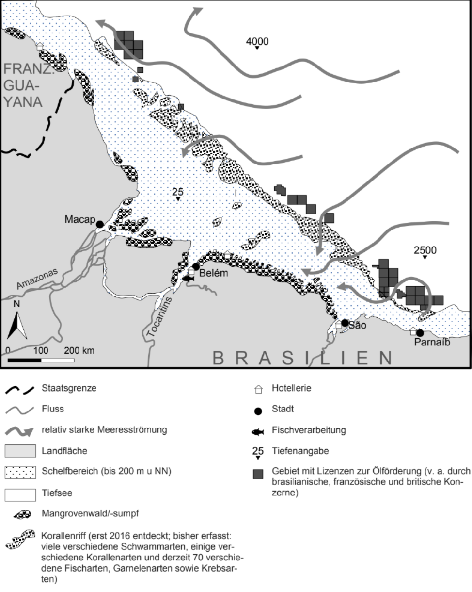 Karte der Nordküste Brasiliens mit Amazonas-Delta, Meeresströmungen, Mangroven und Öl-Lizenzgebieten